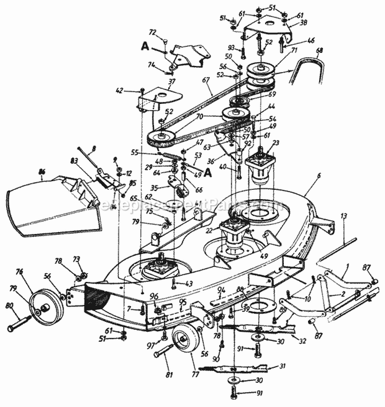 Deck Assembly Diagram and Parts List for 146W834H401 1996 Yard Man Lawn Tractor